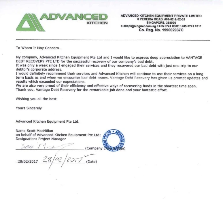 Signed thank you letter from Advanced Kitchen Equipment Pte Ltd