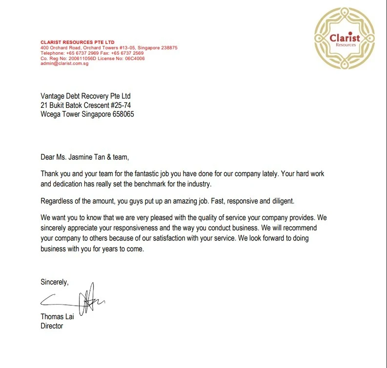 Signed thank you letter from Clarist Resources Pte Ltd