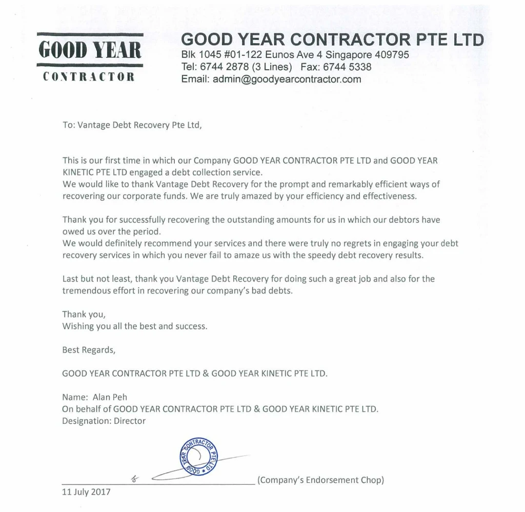 Signed thank you letter from Good Year Contractor Pte Ltd