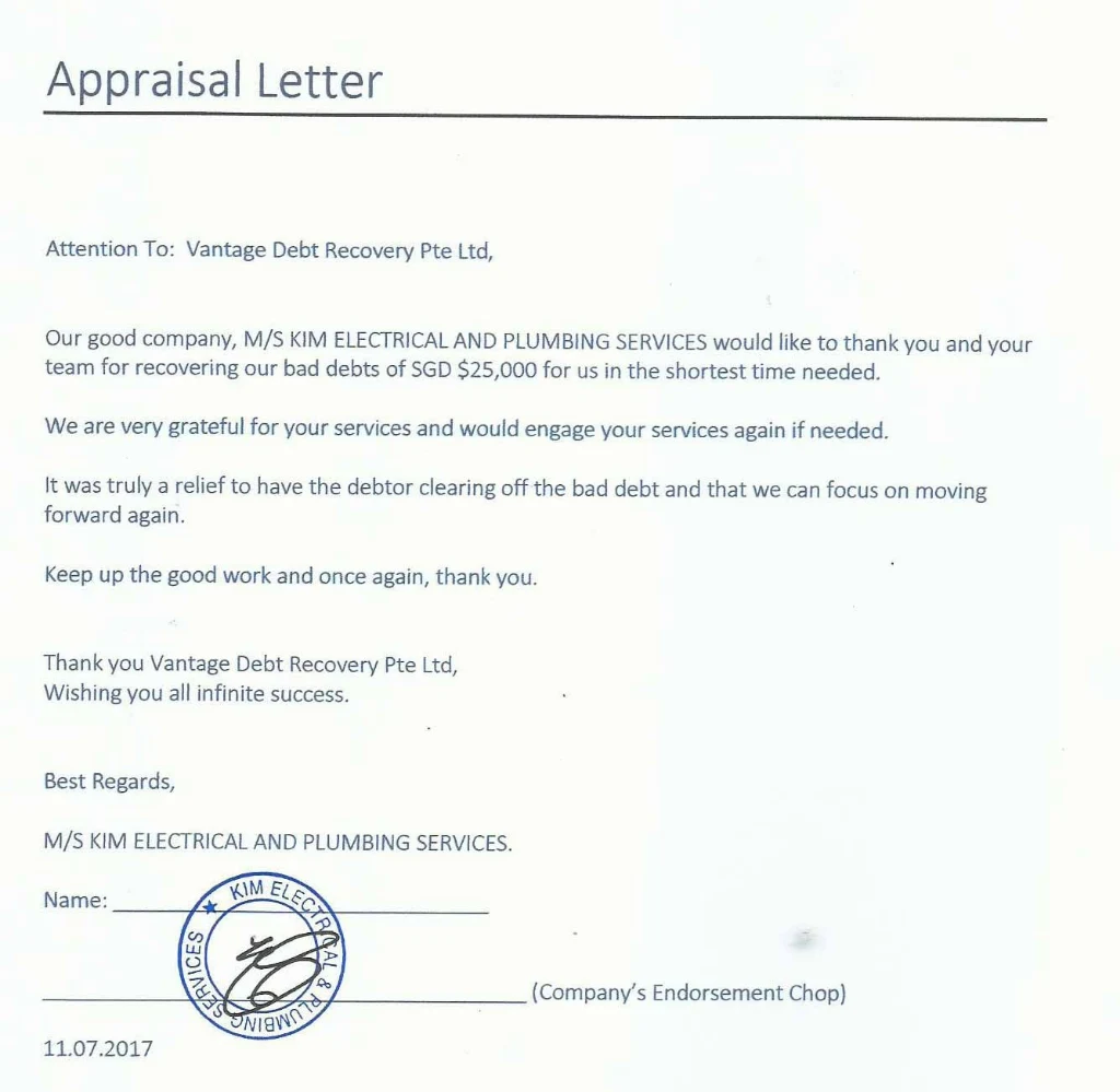 Signed appraisal letter from Kim Electrical and Plumbing Services