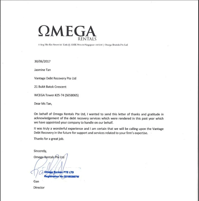 Signed thank you letter from Omega Rentals Pte Ltd