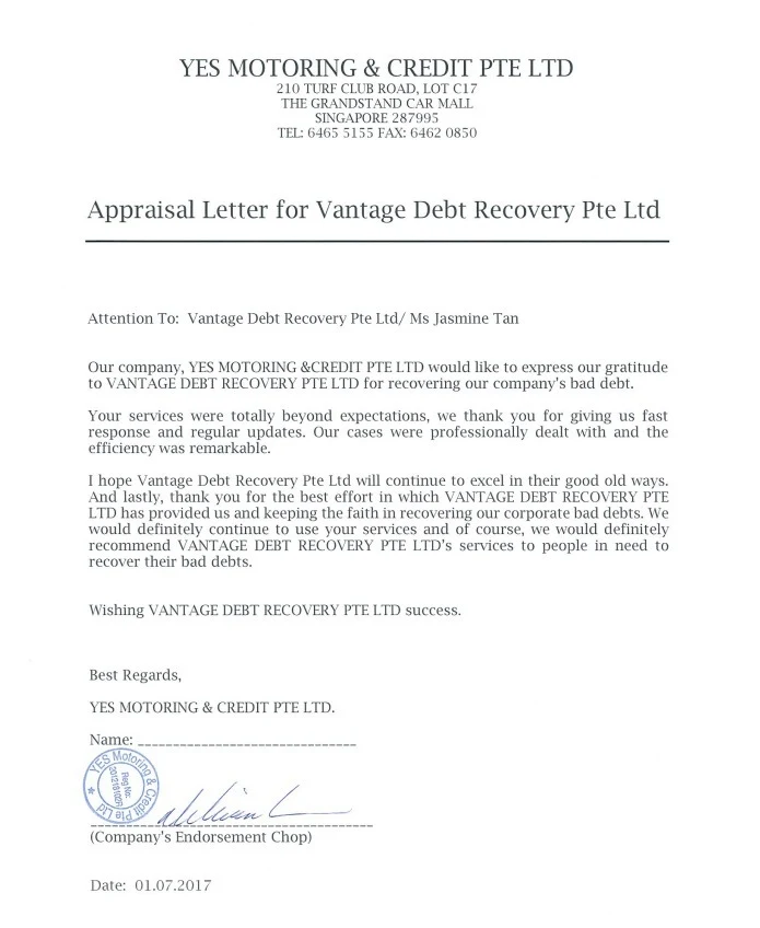 Signed appraisal letter from Yes Motoring and Credit Pte Ltd